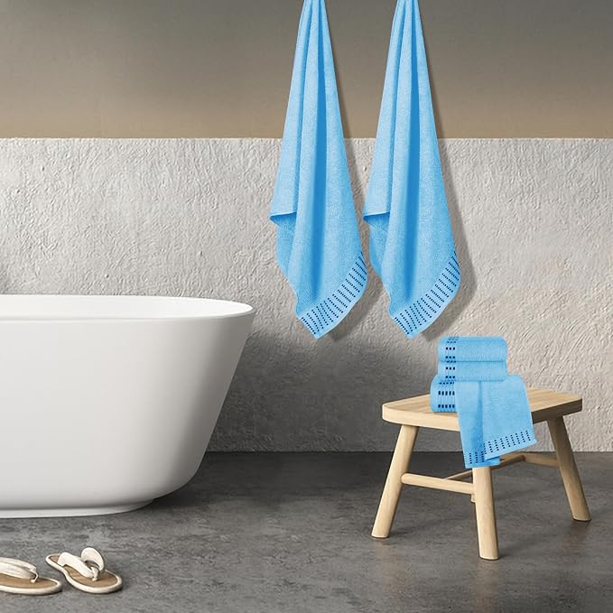 Ultra Soft 6 Pack Cotton Towel Set, Contains 2 Bath Towels 28x55 inch, 2 Hand Towels 16x24 inch & 2 Wash Cloths 12x12 inch, Ideal Everyday use, Compact & Lightweight - Sky Blue