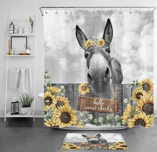 HVEST Farmhouse Donkey Shower Curtain with Bath Mat Rustic Vintage Sunflower Yellow Floral Bathroom Sets with Shower Curtain and Rugs Vintage Wood Shower Curtain with Hooks Bathroom Decor