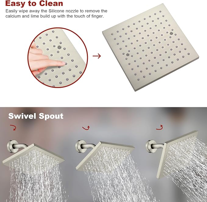 Brush Nickel Premium Shower Head With Valve Set Single Spray Wall Mount 8 Inch Rainfall Square Shower Faucet with Rough-in Valve and Trim Kit for Bathroom