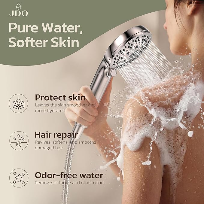 6-Setting Filtered Handheld Shower Head, JDO High Pressure Shower Head with Replaceable Filter Cartridge 4.7 Inch Detachable Showerhead for Chlorine Hard Water Removal 59 Inch Stainless Steel Hose