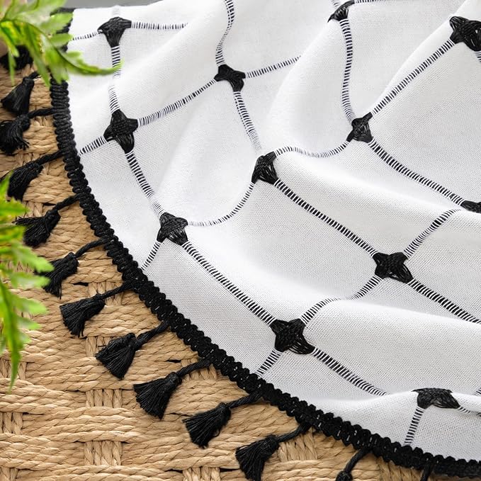 Black and White Shower Curtain Boho Linen Fabric with Embroidered Plaid Pattern and Tassels for Bathroom,72" W×78" L