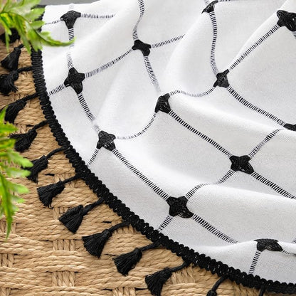 Black and White Shower Curtain Boho Linen Fabric with Embroidered Plaid Pattern and Tassels for Bathroom,72" W×78" L