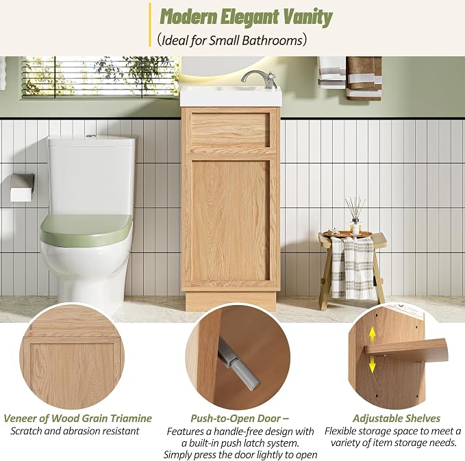Merax Modern Rustic 15.75'' Bathroom Vanity with Resin Sink, Solid Wood Bathroom Storage Cabinet with Adjustable Shelf & Push-to-Open Door for Small Spaces, Natural