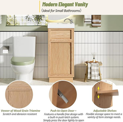 Merax Modern Rustic 15.75'' Bathroom Vanity with Resin Sink, Solid Wood Bathroom Storage Cabinet with Adjustable Shelf & Push-to-Open Door for Small Spaces, Natural