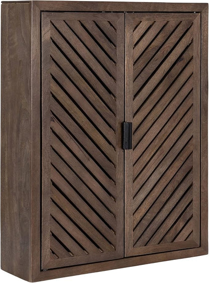 Kate and Laurel Mezzeta Decorative Modern Two-Door Floating Bathroom Cabinet; 28 x 22 x 7; Natural Wood; Decorative Over Toilet Storage Cabinet Made from Solid Mango Wood with Slatted Chevron Design