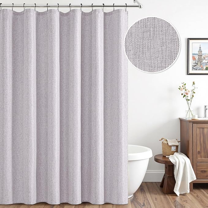ANRODUO Lavender Linen Textured Fabric Shower Curtain Set - W72xL72 | Farmhouse Shower Curtain with 12 Metal Hooks, Waterproof Heavy Duty, Button Hole Design, Machine Washable for Bathroom