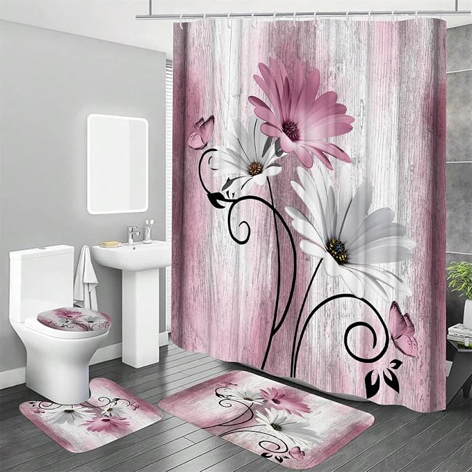 Onalasyc 4PCS Pink Daisy Floral Bathroom Sets with Shower Curtain and Rugs | Country Floral Butterfly Shower Curtain Set,Modern Bathroom Decor Shower Curtains Set with Rugs Toilet Lid Cover and 12 Hooks