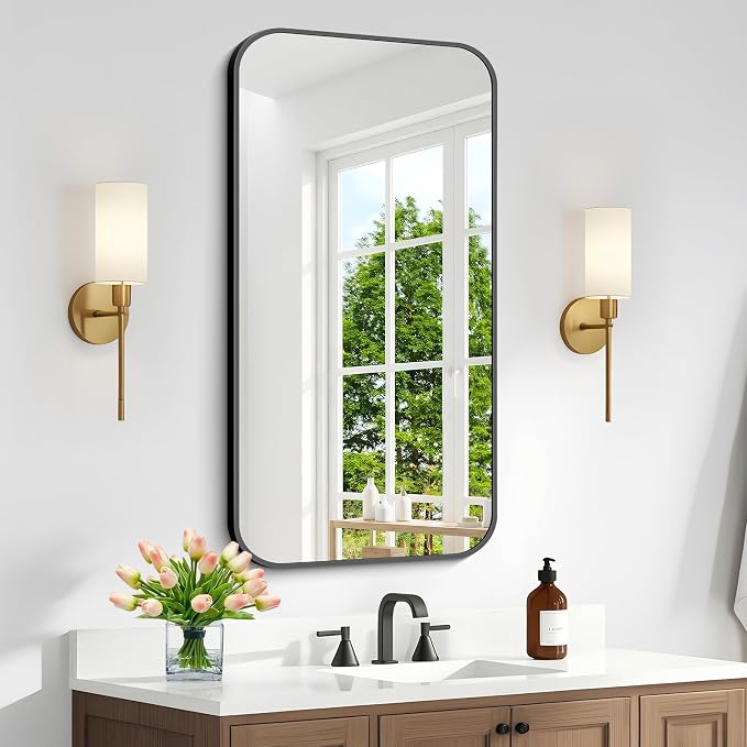 BONEWEI 20x36 inch Bathroom Mirror 2-Pack,Black Rectangle Mirror,Wall Mounted Bathroom Frame Vanity Mirror with Round Corner for Bedroom Living Room, Entryway Hangs Horizontal or Vertical