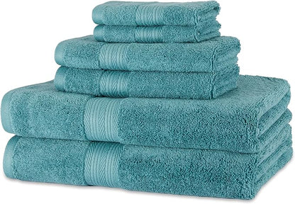 Amazon Basics Fade-Resistant Soft & Absorbent Bath, Hand and Washcloth Towel Set for Everyday Use, 100% Cotton, 30 x 54 inches, Teal Green, Set of 6