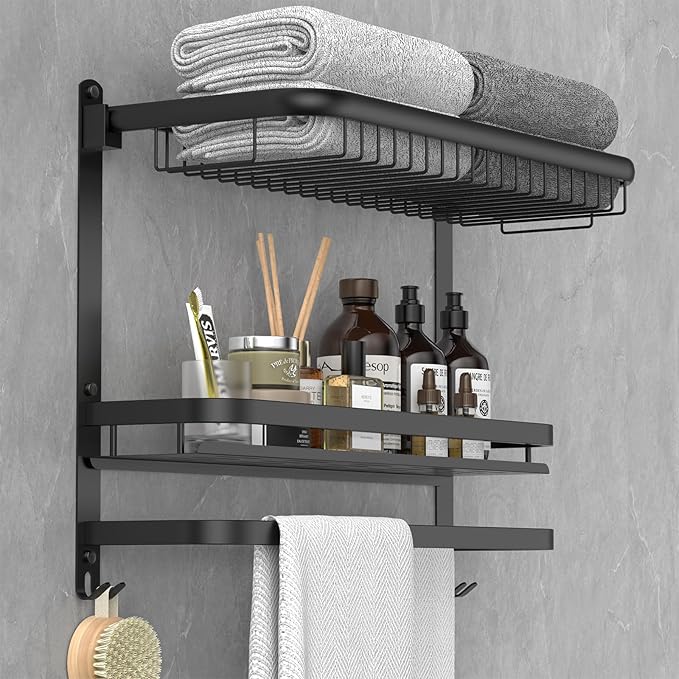 Foldable 23.22 Inch Rowel Rack Wall Mounted with Bathroom Shower Shelves Stainless Steel Towel Bar Without Drilling and Screw Installation (Black)