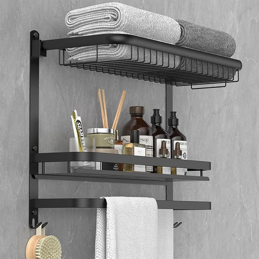 Foldable 23.22 Inch Rowel Rack Wall Mounted with Bathroom Shower Shelves Stainless Steel Towel Bar Without Drilling and Screw Installation (Black)