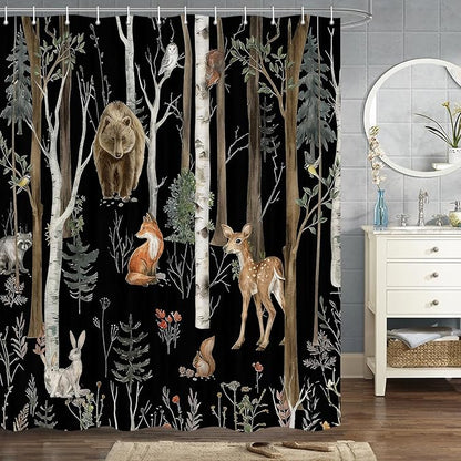 JAWO Rustic Forest Shower Curtains, Lodge Cabin Woodsy RV Shower Curtain, Wildlife Animals Woodland Campers Camping Bathroom Set with Hooks, 72X78 Inch, Black