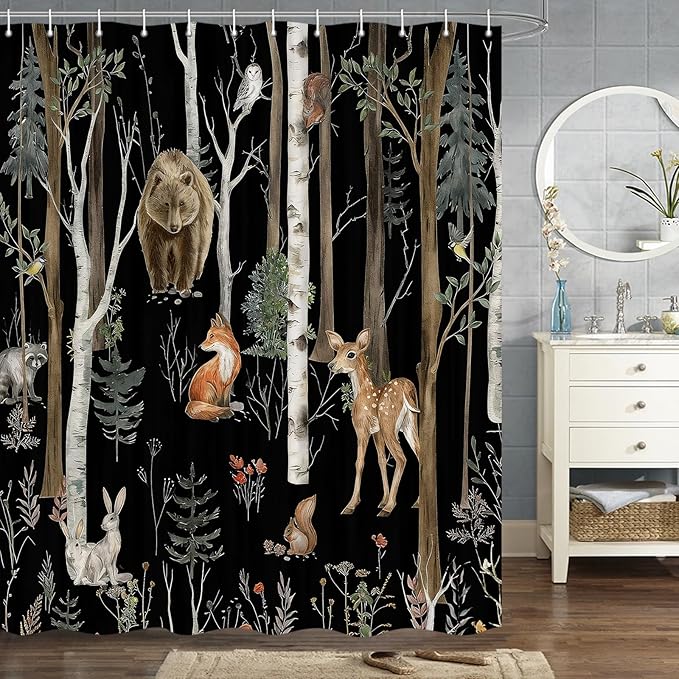 JAWO Rustic Forest Shower Curtain for Bathroom, Country Hunting Bear Deer Wild Animals Farmhouse Lodge Curtain, Cabin Nature Bathroom Set with Hooks, 70X70 Inch, Black