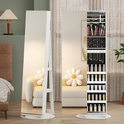 LVSOMT Standing Jewelry Cabinet with Sliding Full Length Mirror, White | 360° Swivel Mirror with Jewelry Storage, Lockable Jewelry Armoire Organizer with 3 Rear Shelves for Bedroom, Gift for Women