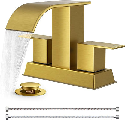 FORIOUS 4 Inch Centerset Brushed Gold Bathroom Faucet, 2 or 3 Hole Waterfall Square Bathroom Sink Faucet with Metal Pop-up Drain and Supply Lines, Two Handles for Vanity, Lavatory Room,Pedestal