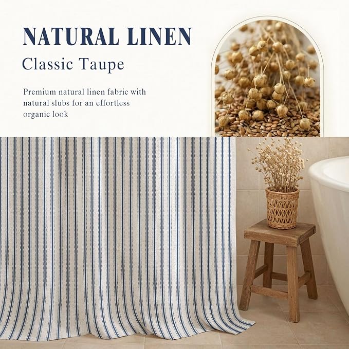 Farmhouse Striped Shower Curtain Navy Blue Vintage Linen Curtain 72W X 84L | Extra Long Striped Shower Curtains with Linen Texture for Bathroom Decor