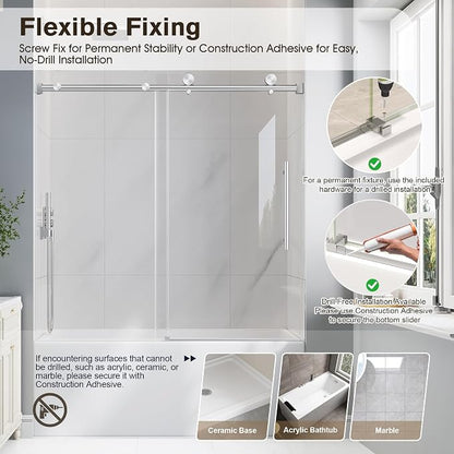 55-60" W x 60" H Frameless Bathtub Shower Door Brushed Nickel | 1/4''(6mm) SGCC Tempered Glass,Explosion Proof Film,Nano Coating,Customizable width,Reversible installation,Easy to Clean