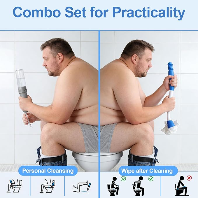 Electric Portable Bidet Toilet Aids Wiper Tool Set, Gray | 2-in-1 travel hygiene kit 15.7" extended length wiping tools 1600mAh Long-lasting Battery USB-C Rechargable IPX7 Waterproof