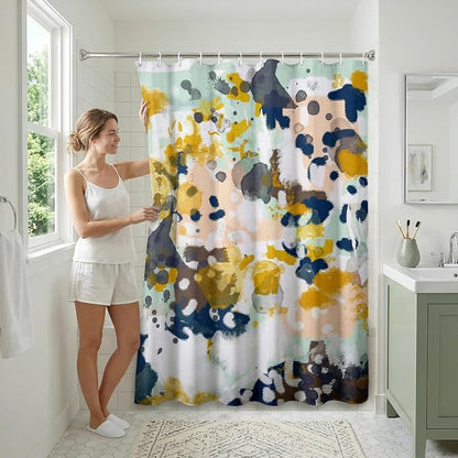 Americanflat 71x74 Abstract Shower Curtain - Water-Resistant Long Shower Curtain with Metal Grommets and 12 Hooks - 100% Polyester - Navy Blue, Yellow, Blush Pink, Mint Green, Charcoal and White