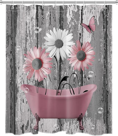 HVEST Farmhouse Floral Shower Curtain for Bathroom Pink and White Daisy Flower and Butterfly in Bathtub on Rustic Wood Shower Curtain with Hooks Country Bathroom Shower Curtain Sets,72L X 60W inch