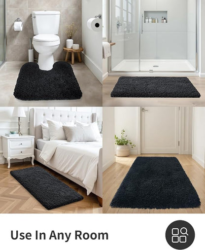 ILANGO Black Bathroom Rugs 24" × 17" Small Non Slip & Super Absorbent Extra Thick Soft, Washable Bath Mat for Floor, Microfiber Plush Shaggy Bath Rug with Rubber for Bathtub Shower Room Sink