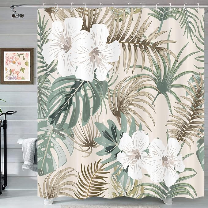 Tropical Shower Curtain for Bathroom, Green Palm Tree Flower Plant Boho Leaf Banana Monstera Sage Beige Shower Curtains Set, Fabric Bathroom Accessories with Hooks