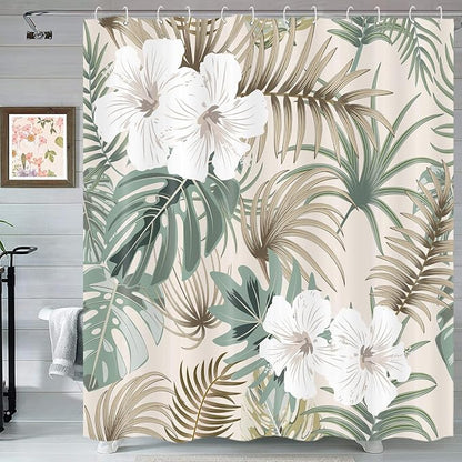 Tropical Shower Curtain for Bathroom, Green Palm Tree Flower Plant Boho Leaf Banana Monstera Sage Beige Shower Curtains Set, Fabric Bathroom Accessories with Hooks
