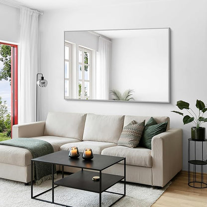 KOCUUY Silver Bathroom Mirror, 60"x40" Large Rectangle Bathroom Mirror for Wall, HD Tempered Glass, Anti-Rust Brushed Silver Frame, Modern Design for Bathroom, Bedroom, Hang Horizontal/Vertical