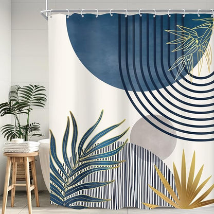 Mid Century Boho Abstract Modern Sun Minimalist Bathroom Shower Curtain Set | 60Wx72L Arch Curve design, waterproof HD print with fast-drying fabric and 12 hooks.