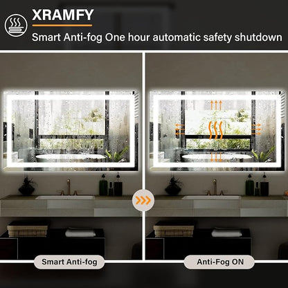 XRAMFY 40"X60"LED Bathroom Mirror, Backlit + Front Lit Wall Mirror | LED Bathroom Mirror with Lights for Wall, 3 Colors, Anti-Fog, Dimmable Brightness, Tempered Glass