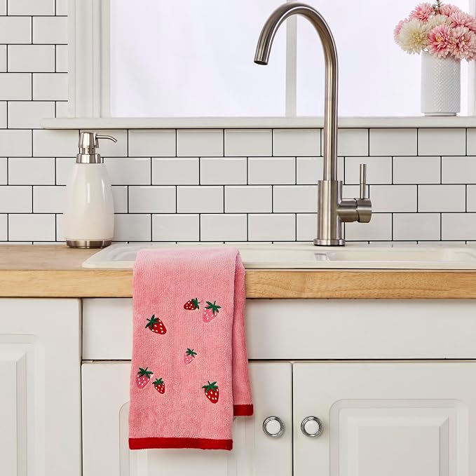 SKL Home Strawberry Toss Hand Towel Set-2pc, 100% Cotton, Embroidered, Pink | Soft & decorative velour. For use in the bathroom, kitchen or bar. Great for spring, summer & year-round décor.