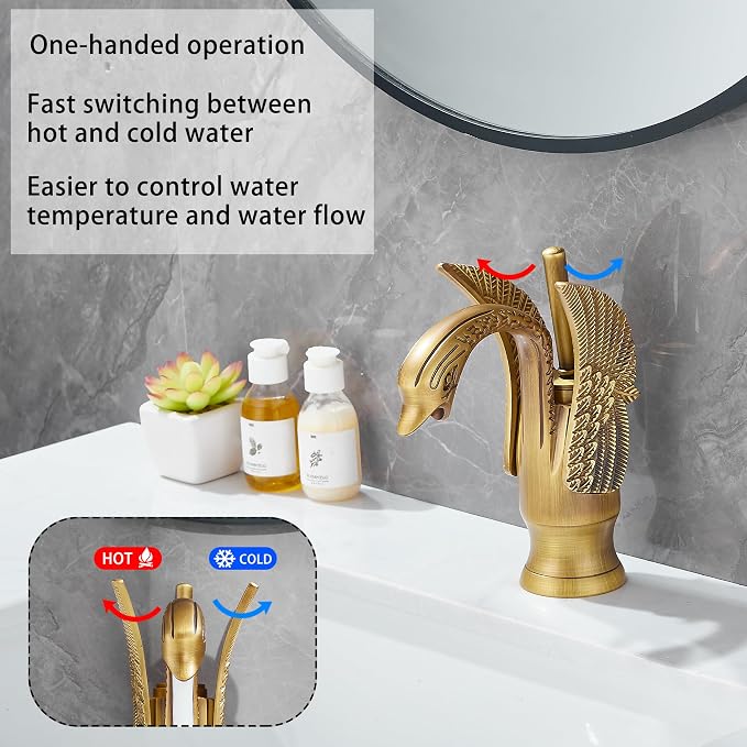 Bathroom Faucet Antique Brass Swan Single Handle One Hole Bathroom Vanity Faucet Basin Tap Deck Mount Lavatory
