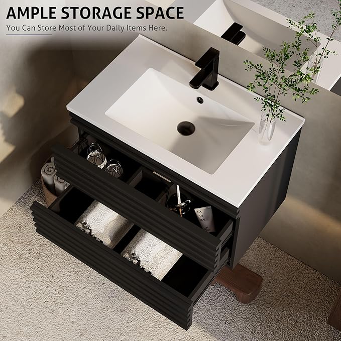 eclife 30" Floating Bathroom Vanity with Sink Combo Mid-Century Wall Mounted Cabinet with Wood Stripes Decor, Drawers, Undermount Single Sink, Faucet, Drain, Black