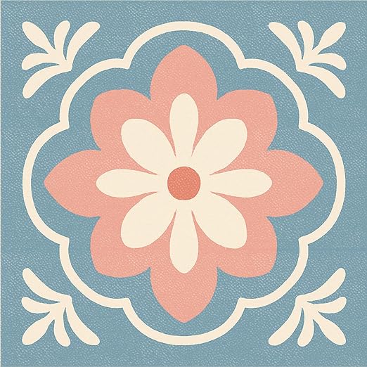 Retro Blue Pink Flower Peel and Stick Floor Tiles 12x12 Inch 10PCS | Retro blue pink cream flower tile pattern vinyl floor stickers for kitchen bathroom entryway and indoor home decor