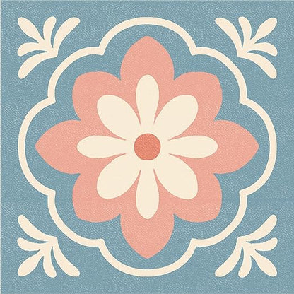 Retro Blue Pink Flower Peel and Stick Floor Tiles 12x12 Inch 10PCS | Retro blue pink cream flower tile pattern vinyl floor stickers for kitchen bathroom entryway and indoor home decor