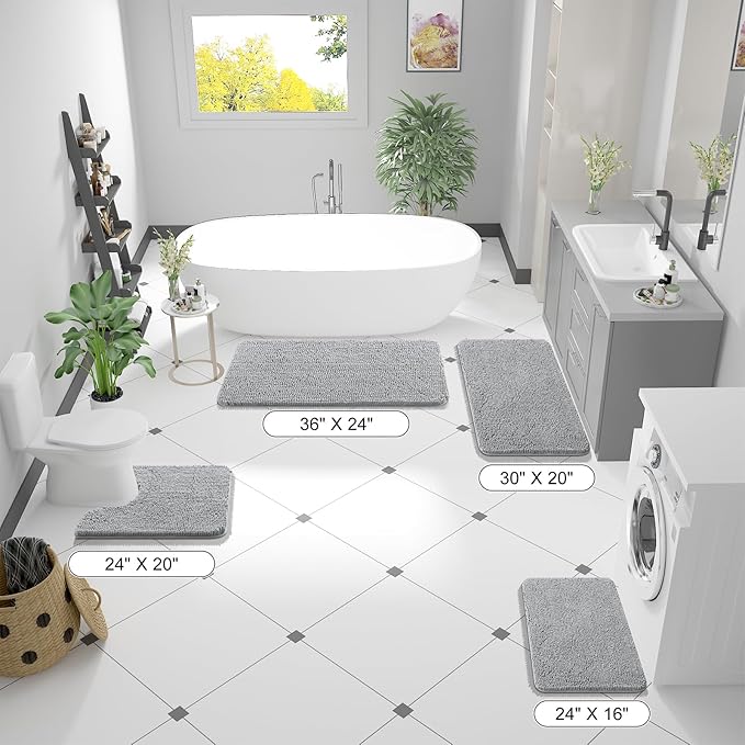 OLANLY Bathroom Runner Rugs 47x17, Extra Soft Absorbent Chenille Bath Rugs | Light Grey, Quick-Drying Rubber Backing, Washable Long Bath Mat for Bathroom Floor, Tub and Shower, Home Decor Accessories