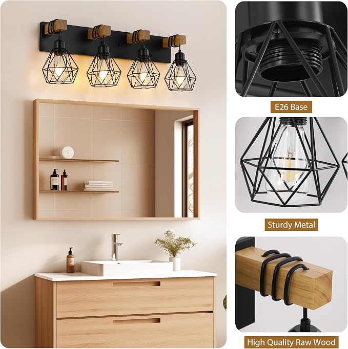 VbiTmn Bathroom Light Fixtures, 4 Light Black Farmhouse Wood Vanity Lights | Rustic Design, Diamond Metal Shades, Easy to Install, Wall Sconces for Bathroom, Bedroom, Makeup Area, Over Vanity Mirror