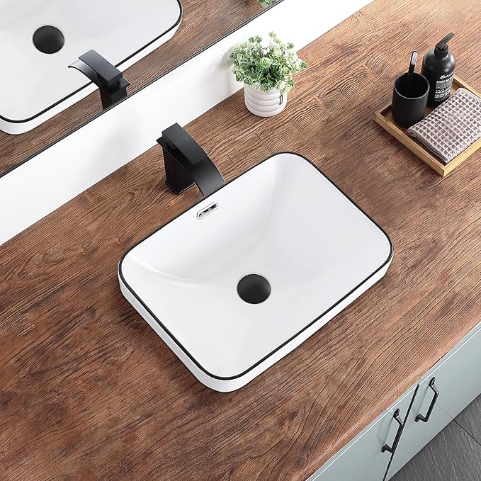 Bathroom Vessel Sink 18.2'' x 13.3'' Small Semi Recessed Bathroom Sink Rectangular Drop In Sink with Overflow White with Black Trim Ceramic Modern Vessel Sinks for Bathroom