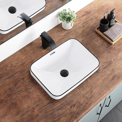 Bathroom Vessel Sink 18.2'' x 13.3'' Small Semi Recessed Bathroom Sink Rectangular Drop In Sink with Overflow White with Black Trim Ceramic Modern Vessel Sinks for Bathroom