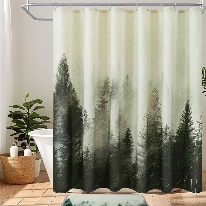 ORTIGIA Green Misty Forest Linen Shower Curtain Nature Mountain Tree Woodland Shower Curtain Set for Bathroom Heavy Blend Fabric Curtains with 12 Metal Hooks 72x72 Inch