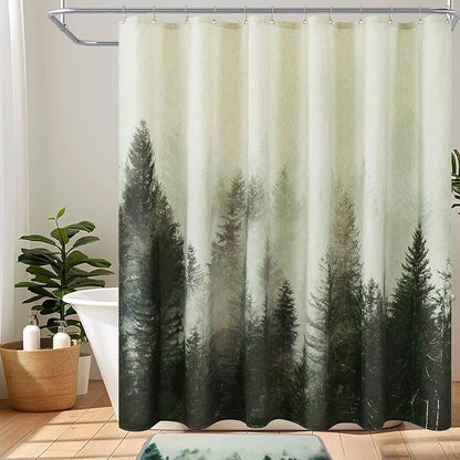 ORTIGIA Green Misty Forest Linen Shower Curtain Nature Mountain Tree Woodland Shower Curtain Set for Bathroom Heavy Blend Fabric Curtains with 12 Metal Hooks 72x72 Inch