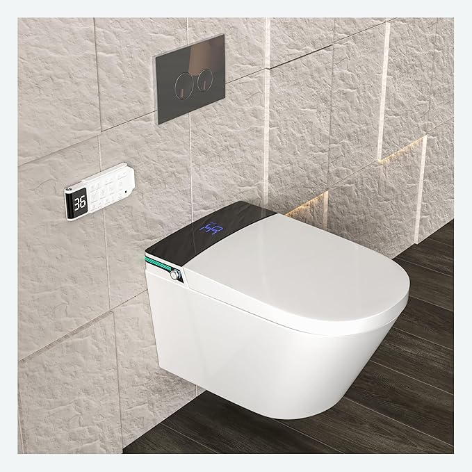 MEJE #MZE014P - Intelligent Wall-Hung Toilet, One-piece Elongated Smart Toilet with Bidet Built in,Heated Seat, Warm Air Dryer,Auto Flush, Auto Open and Close, Remote Control, Night Light, White