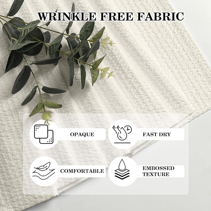 Berry Extra Long Cream Shower Curtain 96 Inch Long, 3D Embossed Texture Fabric Bathroom Shower Curtain, Large Hotel Bath Curtain with 12 Holes, Washable Cloth Shower Curtains, 72x96, Cream