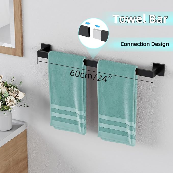 5-Pieces Matte Black Bathroom Hardware Accessories Set, 24 Inch Stainless Steel Towel Racks for Bathroom, Towel Bar Set Towel Ring Coat Hook and Toilet Paper Holder with Shelf Wall Mounted