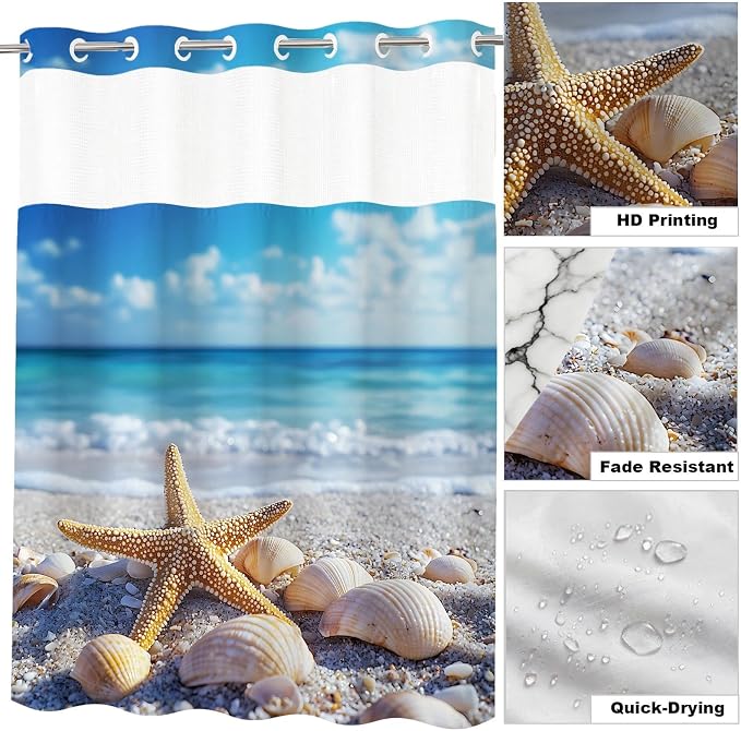 Modern Ocean No Hook Shower Curtain Coastal Tropical Summer Kids Seashell | Nature No Hook Shower Curtain with Snap in Liner, Waterproof Ringless Shower Curtains for Bathroom 72x74 Inch Blue