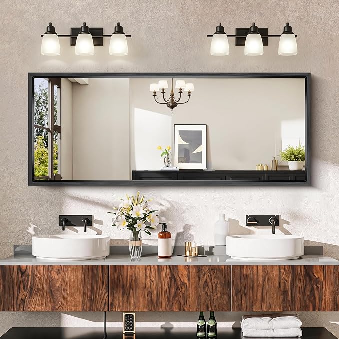CIRCUMI 60"x24" Brushed Black Bathroom Mirror, Double Sink Vanity Mirror | Chunky Box Metal Frame, Shatterproof, Tempered Glass, Bathroom Remodel&New Home, Large Rectangular Mirror for Living Room