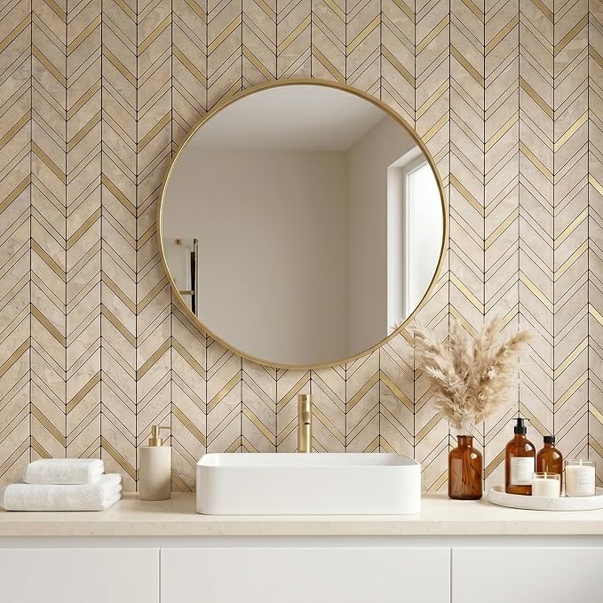 Yipscazo 10-Sheet Herringbone Peel and Stick Backsplash, Beige Stone Mixed Metal Gold PVC Stick on Tiles for Kitchen, Waterproof Self Adhesive Wall Tiles for Bathroom