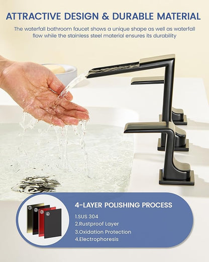 Matte Black Bathroom Sink Faucet 3 Hole - 8 Inch Waterfall Vanity Faucets with Pop Up Drain - Modern Widespread 2 Handles Bathroom Faucet for Farmhouse, Restroom, Lavatory