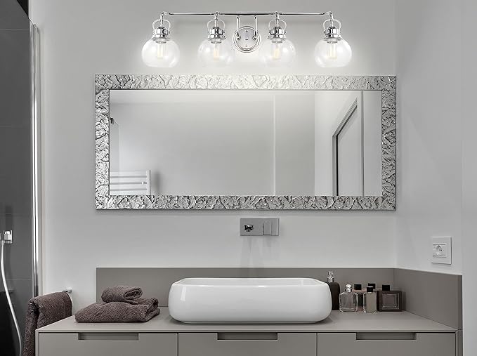 JONATHAN Y 34" Chrome Shirley 4-Light Bathroom Vanity Light, Metal Wall Sconce, Clear Seeded Glass Shade, Modern Transitional Farmhouse Fixture, LED Bulbs Included (JYL7406A)