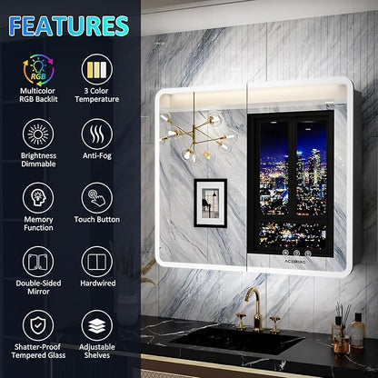 Medicine Cabinet with Lights, 36×32 Inch Bathroom Lighted Medicine Cabinet with Mirror, Defogger, Dimmer, LED Mirror Cabinet with RGB Backlit+3 Color Front Light, Wall Mounted